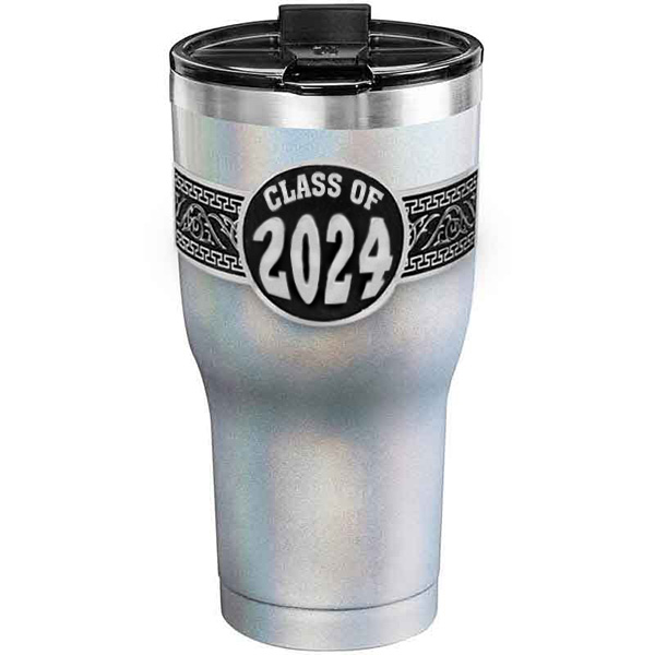 A customized tumbler made of stainless steel with a personalized engraved Class of 2024 lettering, 30 oz, ideal for coffee or cool drinks